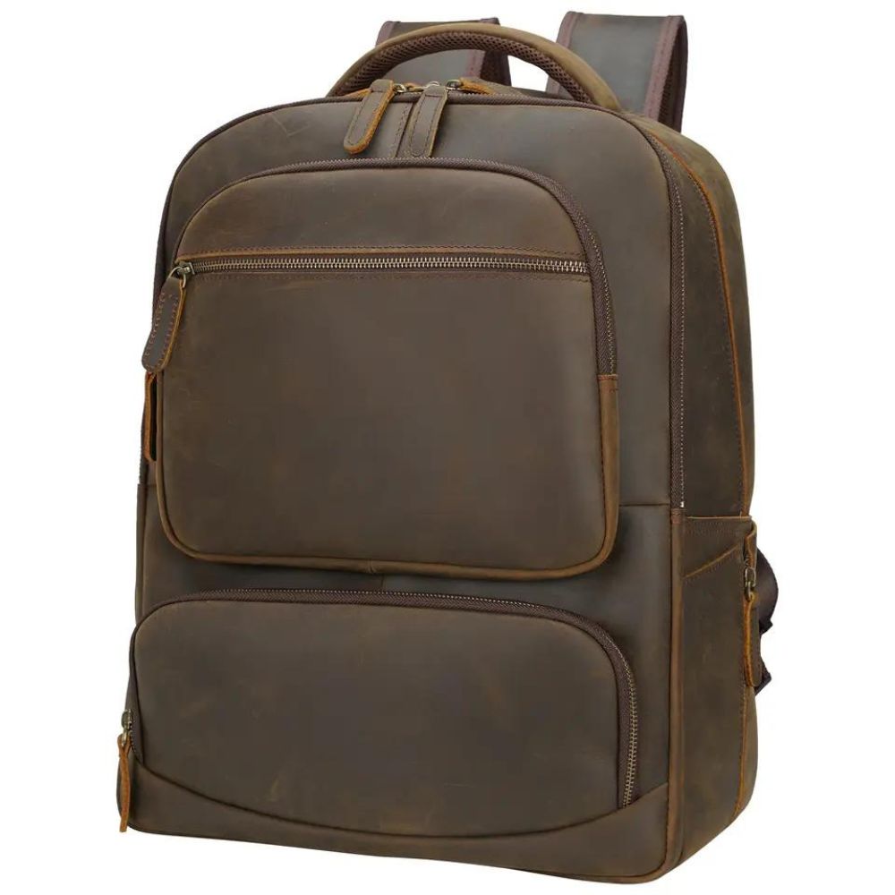 Dark Brown Leather Travel Backpack for Men
