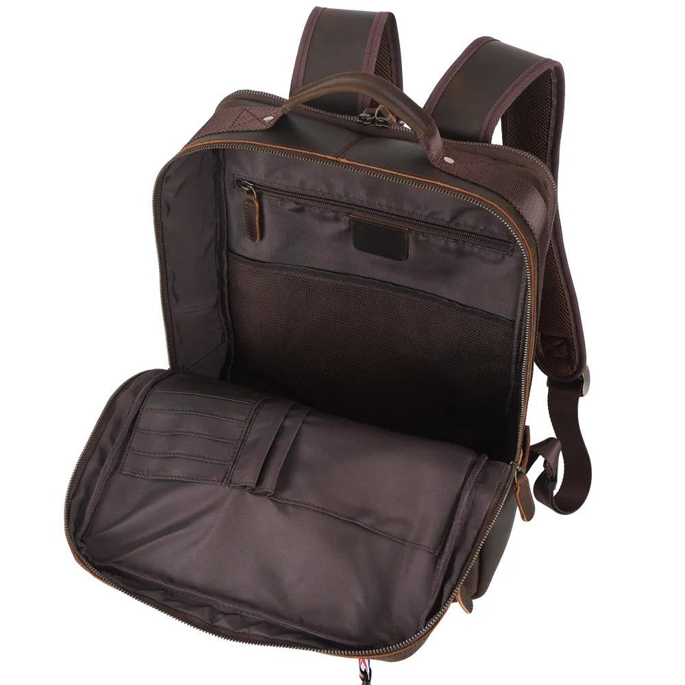 brown leather multi-pocket backpack diophy leather Leather Multi-Pocket Laptop Backpack - Dark Brown