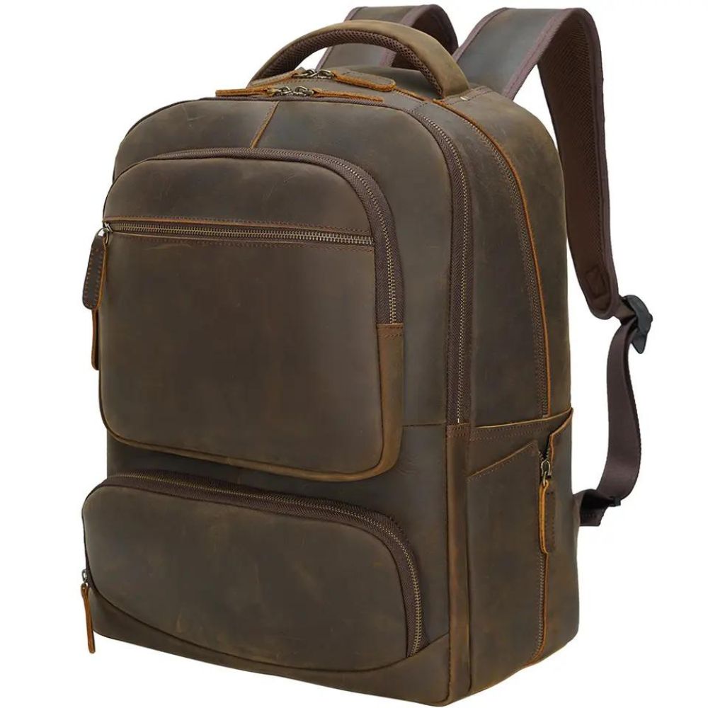 Dark Brown Leather Travel Backpack for Men