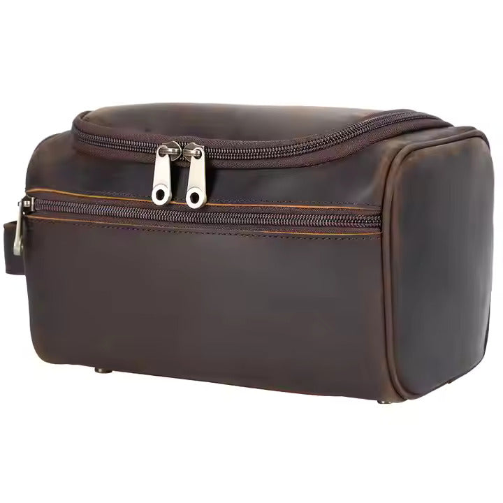 Leather Hanging Toiletry Premium Travel Bag - Dark Brown
