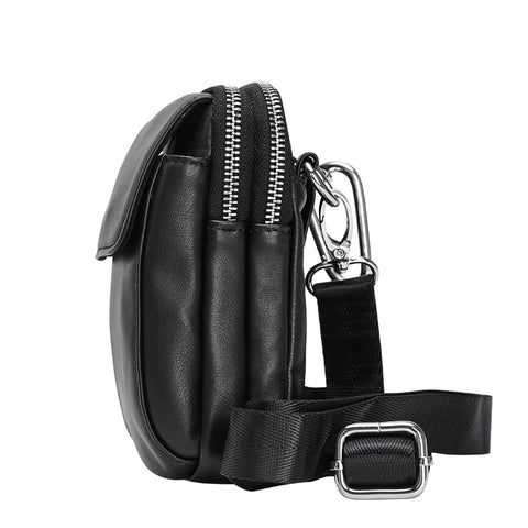 Black Sport 100% top-grain Genuine Leather Belt Crossbody Bag with adjustable shoulder strap and large inner and outer compartments