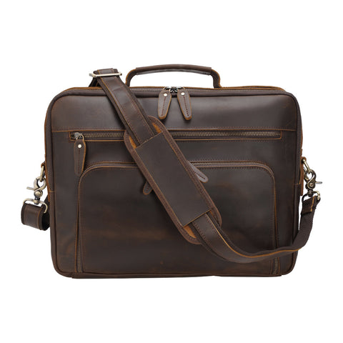 Handmade brown top grain leather laptop briefcase with inner canvas lining, many pockets and compartments