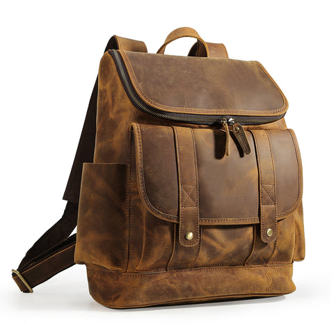 Handmade water-resistant light brown top grain leather laptop backpack with Inner canvas lining, adjustable strap, many pockets and compartments
