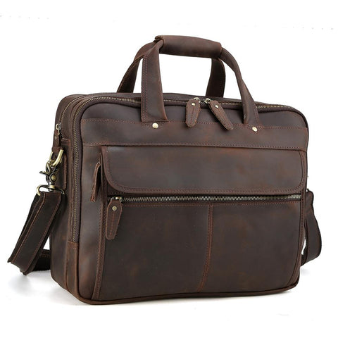 Handmade dark brown top grain leather briefcase bag with inner canvas lining, many pockets and compartments