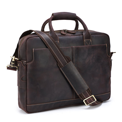 Handmade dark brown top grain leather briefcase bag with laptop compartment and inner canvas lining