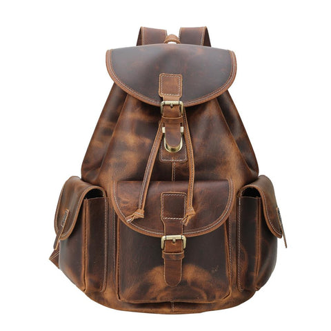 Handmade water-resistant dark brown genuine leather laptop backpack bag with large inner compartment an outer pockets.