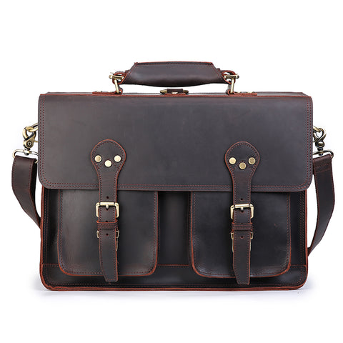 Handmade dark brown 100% top-grain genuine leather briefcase bag with large inner compartments, front pockets and inner canvas lining