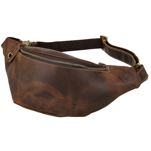 Brown fanny pack full grain cow leather leather bag with headphone hole and adjustable shoulder strap