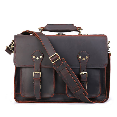Handmade dark brown 100% top-grain genuine leather briefcase bag with large inner compartments, front pockets and inner canvas lining