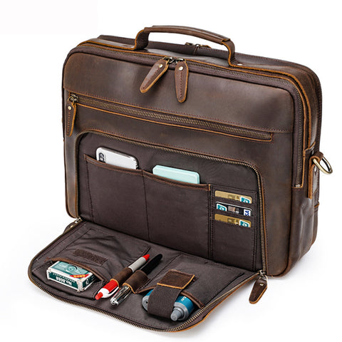 Handmade brown top grain leather laptop briefcase with inner canvas lining, many pockets and compartments