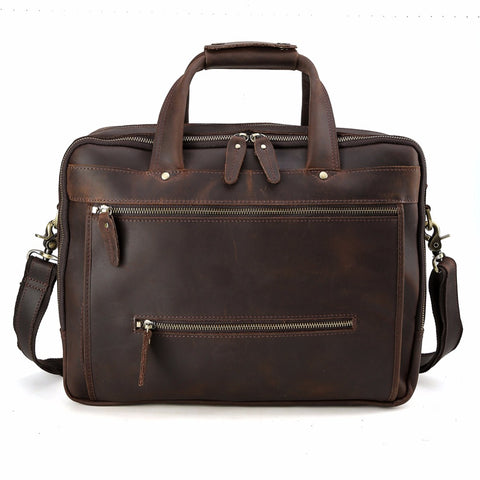 Handmade dark brown top grain leather briefcase bag with inner canvas lining, many pockets and compartments
