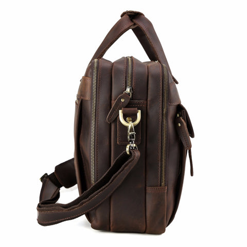 Handmade dark brown top grain leather briefcase bag with inner canvas lining, many pockets and compartments