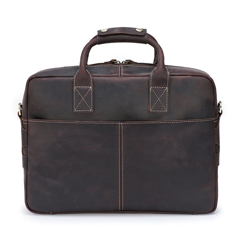 Handmade dark brown top grain leather briefcase bag with laptop compartment and inner canvas lining