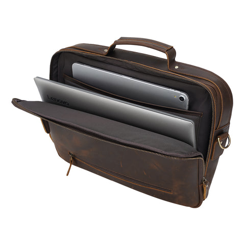 Handmade brown top grain leather laptop briefcase with inner canvas lining, many pockets and compartments