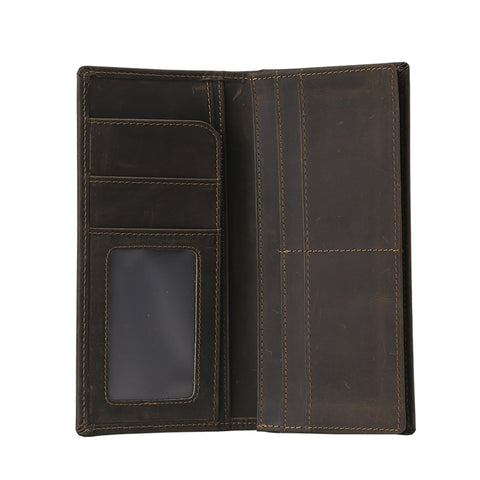 Dark brown pocket top grain leather wallet with many compartments and RFID-shielded.
