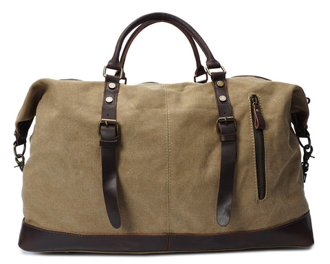Brown canvas and leather weekend bag with adjustable shoulder strap, sturdy top handles and inner lining