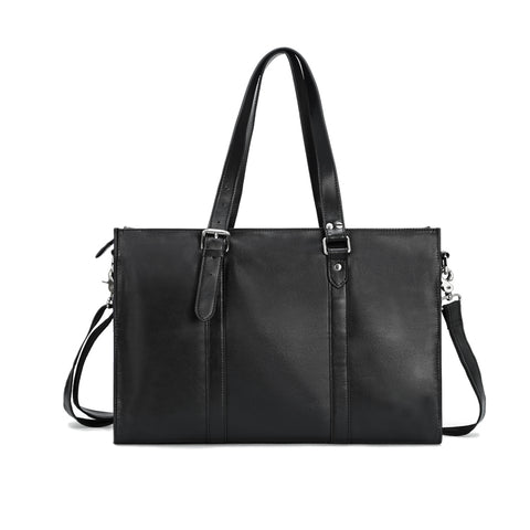 Handmade waterproof black top-grain genuine leather tote bag with laptop compartment, card slots and inner pockets.