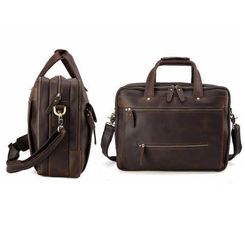 Handmade dark brown top grain leather briefcase bag with inner canvas lining, many pockets and compartments