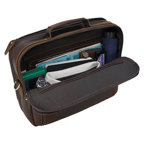 Handmade brown top grain leather laptop briefcase with inner canvas lining, many pockets and compartments