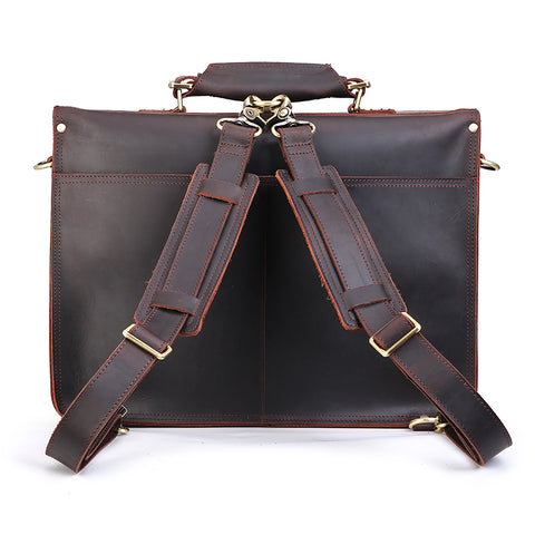 Handmade dark brown 100% top-grain genuine leather briefcase bag with large inner compartments, front pockets and inner canvas lining