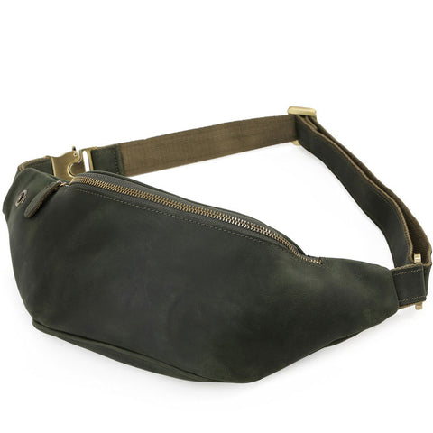 Green fanny pack full grain cow leather leather bag with headphone hole and adjustable shoulder strap