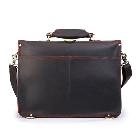 Handmade dark brown 100% top-grain genuine leather briefcase bag with large inner compartments, front pockets and inner canvas lining