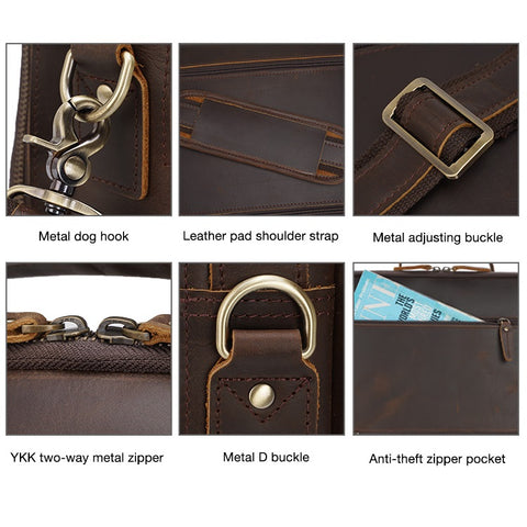 Handmade brown top grain leather laptop briefcase with inner canvas lining, many pockets and compartments