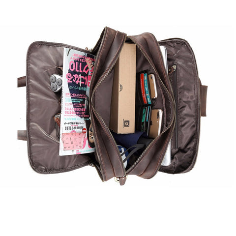 Handmade dark brown top grain leather briefcase bag with inner canvas lining, many pockets and compartments