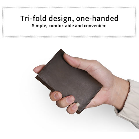 Dark brown trifold vintage top-grain genuine leather wallet with large pockets, many card slots and RFID-shielded technology.