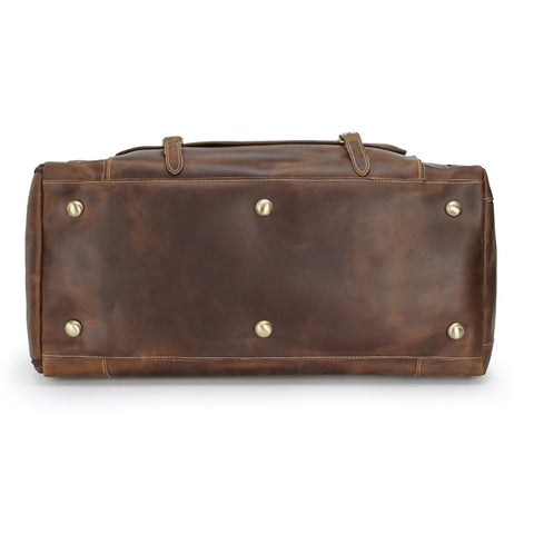 Brown large duffel leather bag with zippered pockets, adjustable shoulder strap and shoe compartment