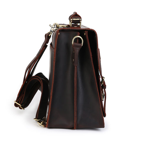 Handmade dark brown 100% top-grain genuine leather briefcase bag with large inner compartments, front pockets and inner canvas lining