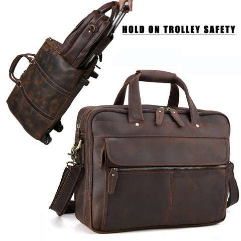 Handmade dark brown top grain leather briefcase bag with inner canvas lining, many pockets and compartments