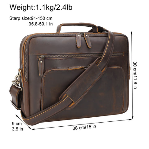 Handmade brown top grain leather laptop briefcase with inner canvas lining, many pockets and compartments