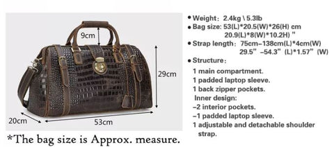 Dark brown crocodile genuine top grain leather duffel bag with a laptop compartment and many pockets.