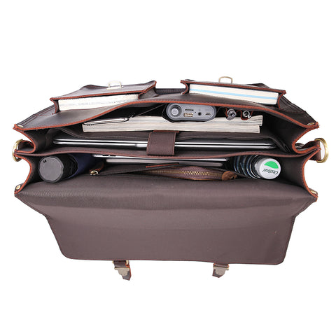 Handmade dark brown 100% top-grain genuine leather briefcase bag with large inner compartments, front pockets and inner canvas lining