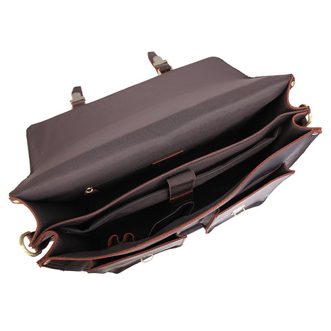 Handmade dark brown 100% top-grain genuine leather briefcase bag with large inner compartments, front pockets and inner canvas lining