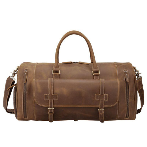 Brown large duffel leather bag with zippered pockets, adjustable shoulder strap and shoe compartment