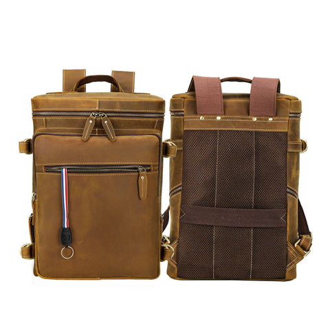 Water-resistant brown vintage Leather Backpack with back panel made of suspended mesh.