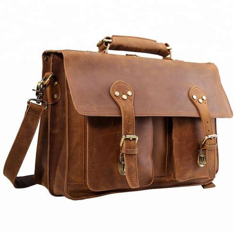 Handmade brown 100% top-grain genuine leather briefcase bag with large inner compartments, front pockets and inner canvas lining