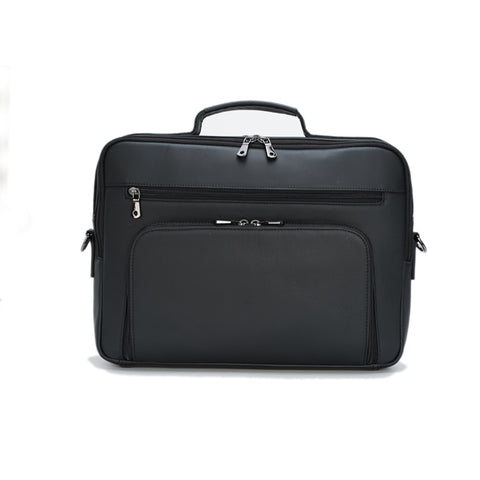 Handmade black top grain leather laptop briefcase with inner canvas lining, many pockets and compartments