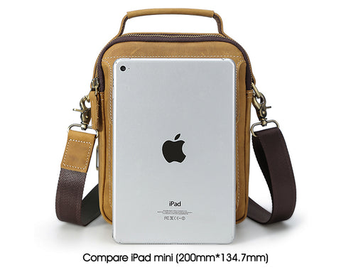 Light brown full grain cow genuine leather crossbody messenger bag with rear zippered pocket and large pockets compare to iPad mini