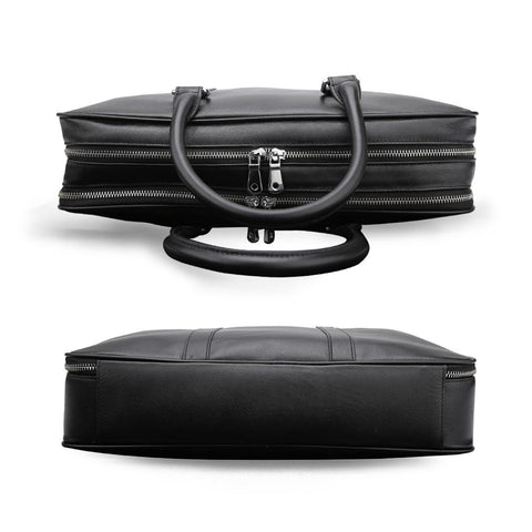Handmade black large capacity top-grain genuine leather briefcase bag with laptop compartment, inside zipper pockets and inner canvas lining