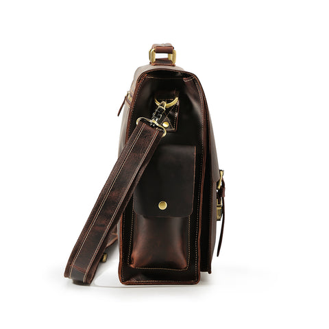 Handmade brown large capacity top-grain genuine leather briefcase bag with laptop compartment, inside zipper pockets and inner canvas lining