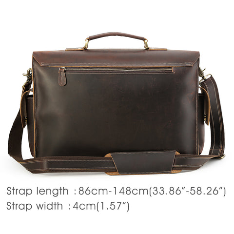 Handmade brown large capacity top-grain genuine leather briefcase bag with laptop compartment, inside zipper pockets and inner canvas lining