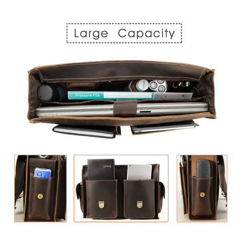 Handmade brown large capacity top-grain genuine leather briefcase bag with laptop compartment, inside zipper pockets and inner canvas lining