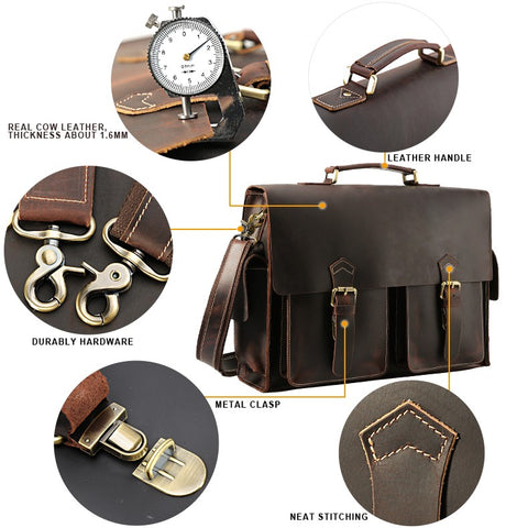 Handmade brown large capacity top-grain genuine leather briefcase bag with laptop compartment, leather handle, neat stitching, durable hardware, metal clasp and inner canvas lining