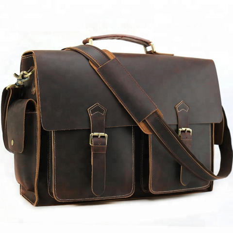 Handmade brown large capacity top-grain genuine leather briefcase bag with laptop compartment, inside zipper pockets and inner canvas lining