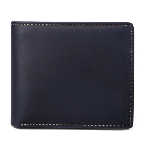 Navy blue slim bifold top grain leather wallet with RFID-shielded