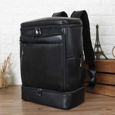 Black Waterproof Genuine Leather Travel Backpack