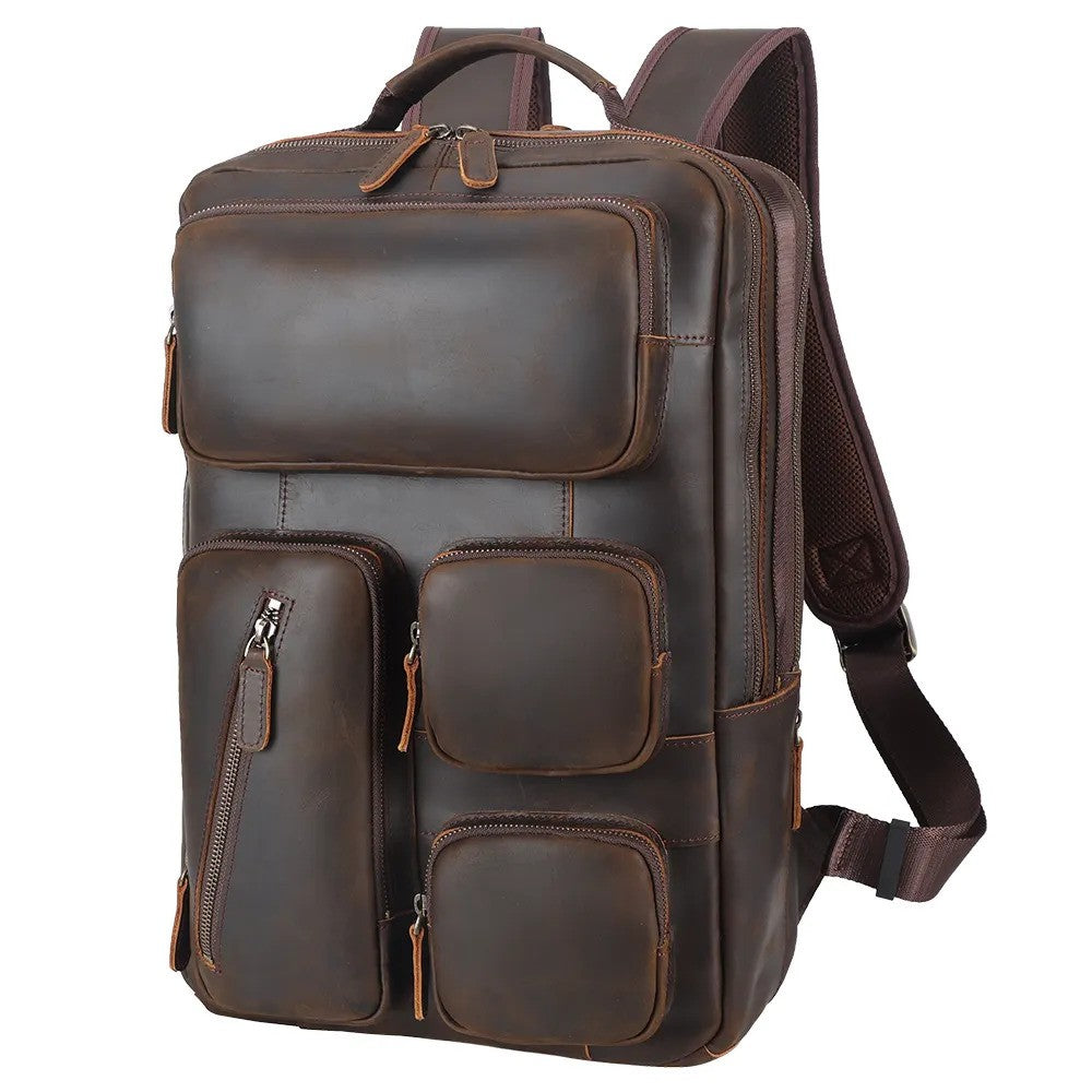 Leather Multi-Pocket Laptop Backpack - Dark Brown - Denali Leather
